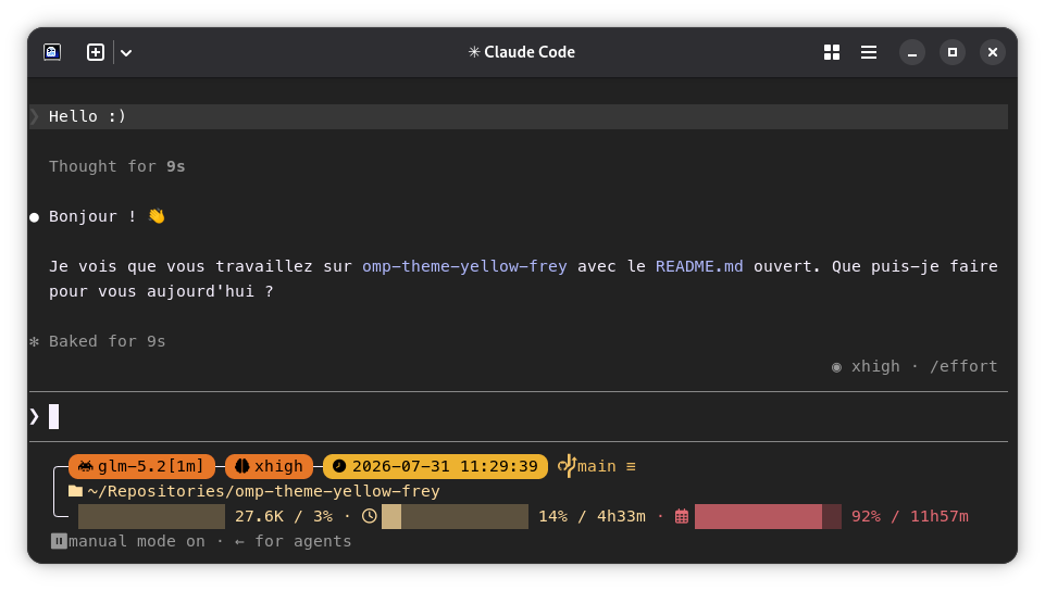 Screenshot of Ghostty, showing the oh-my-posh yellow-frey claude code status bar