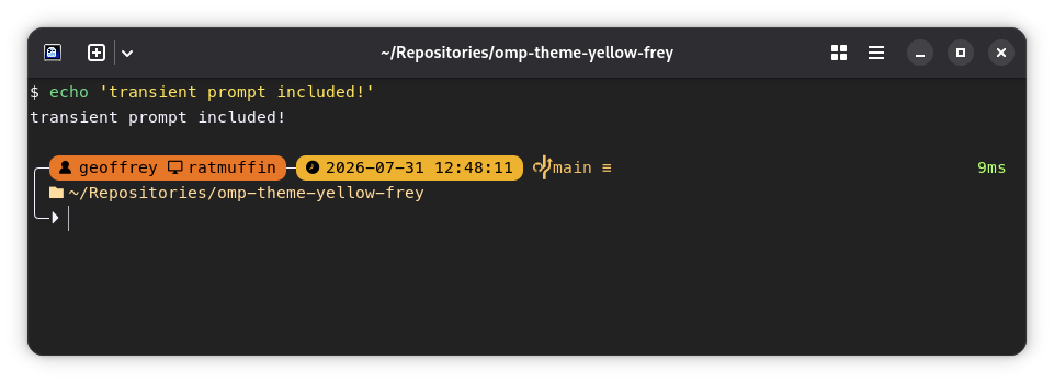 Screenshot of Ghostty, showing the oh-my-posh yellow-frey theme